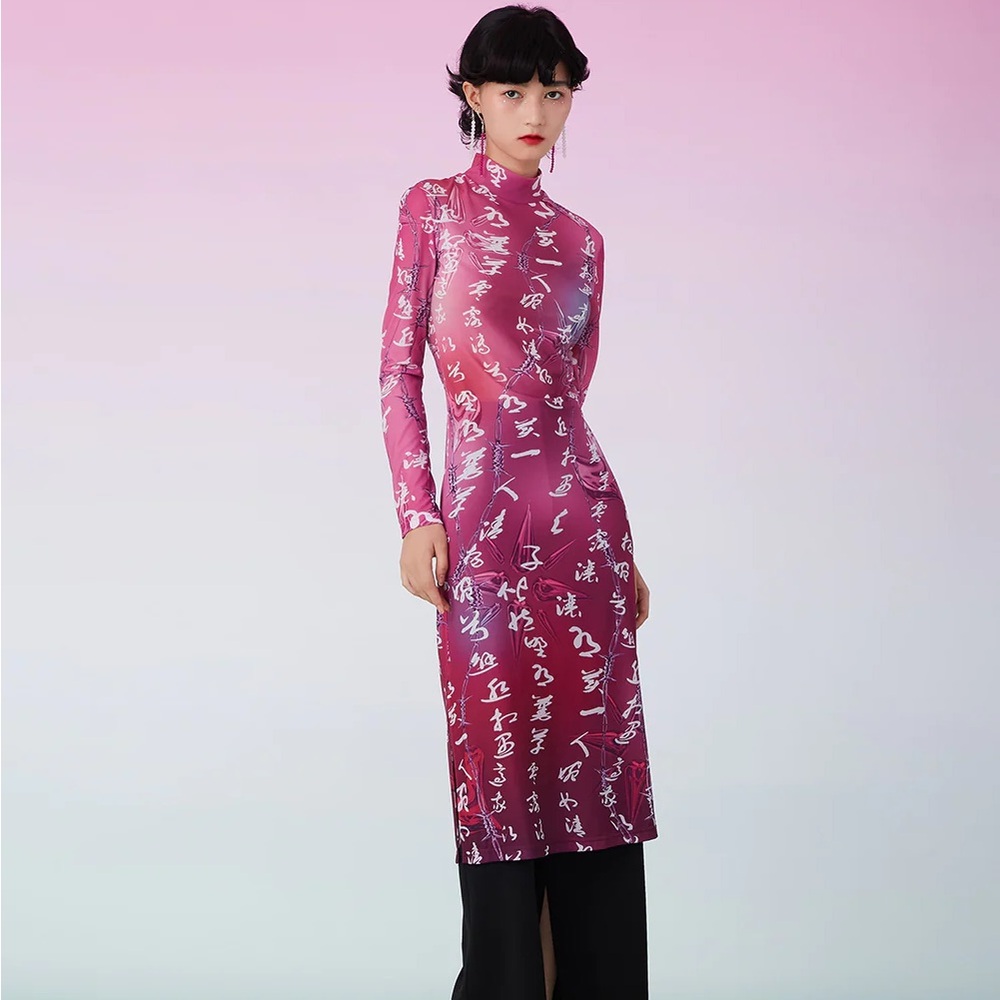 Mukzin Pink Sheath Cocktail Dress with Slit and Mock Neck size L/ US size 6
